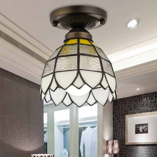 Domed Flush Light Fixture Vintage Stained Glass 1 Light Flush Mount Light Fixture for Bedroom Clear Clearhalo 'Ceiling Lights' 'Chandeliers' 'Close To Ceiling Lights' 'Close to ceiling' 'Semi-flushmount' 'Tiffany close to ceiling' 'Tiffany' Lighting' 182850