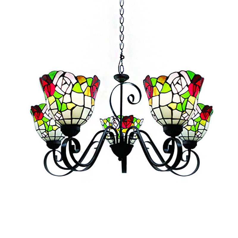 Flower Chandelier Lighting Country Stained Glass 5-Light Hanging Light in Black Finish for Restaurant Clearhalo 'Ceiling Lights' 'Chandeliers' 'Industrial' 'Middle Century Chandeliers' 'Pendant Lights' 'Tiffany Chandeliers' 'Tiffany close to ceiling' 'Tiffany' Lighting' 182896