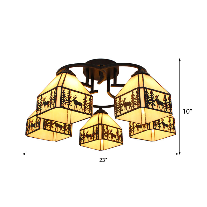 Small House Chandelier Light Tiffany Style Stained Glass Chandelier Lighting in Beige Clearhalo 'Ceiling Lights' 'Chandeliers' 'Industrial' 'Middle Century Chandeliers' 'Pendant Lights' 'Tiffany Chandeliers' 'Tiffany close to ceiling' 'Tiffany' Lighting' 182914