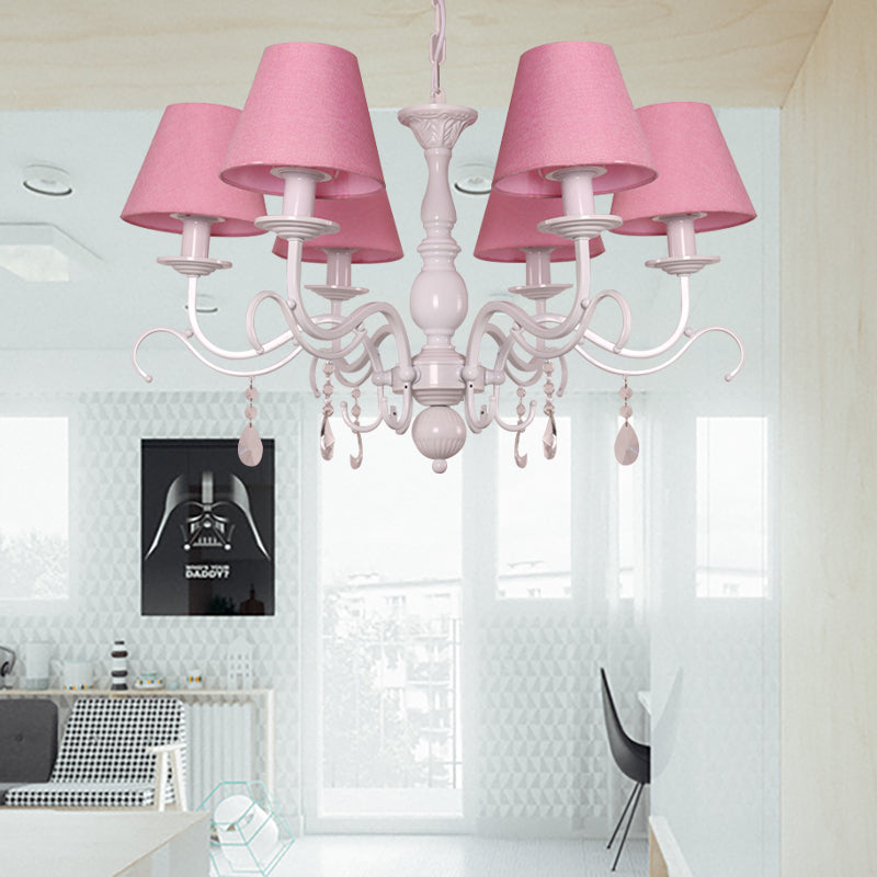 Tapered Shade Baby Bedroom Chandelier Metal Modern Stylish Hanging Light with Crystal 6 Pink Clearhalo 'Ceiling Lights' 'Chandeliers' Lighting' options 182930_fc025659-c08e-4b42-b3d1-ebd07993b399