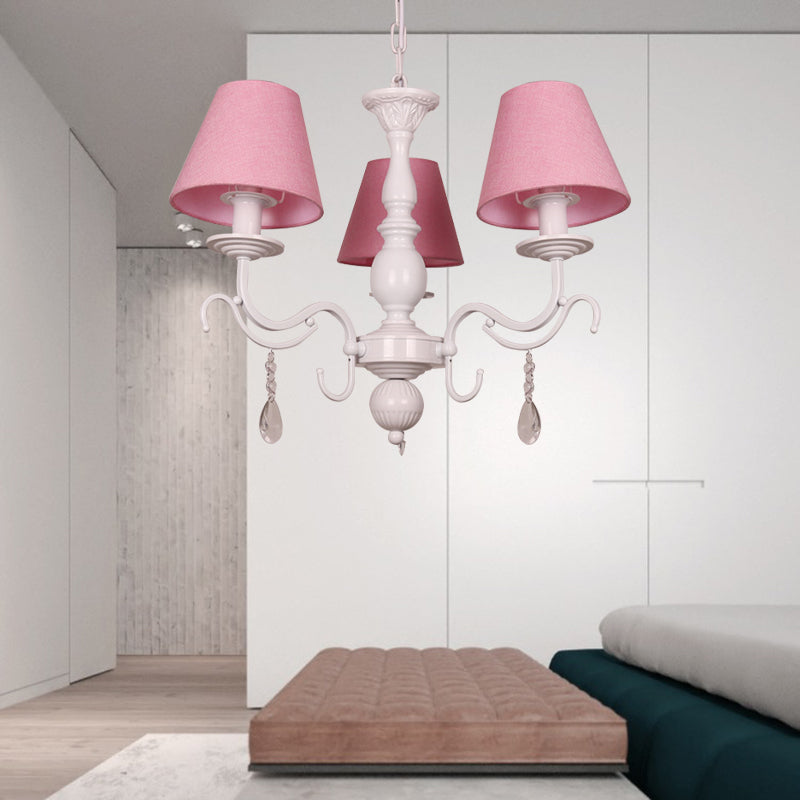 Tapered Shade Baby Bedroom Chandelier Metal Modern Stylish Hanging Light with Crystal 3 Pink Clearhalo 'Ceiling Lights' 'Chandeliers' Lighting' options 182938_65511e72-c5f0-4c05-b0d2-eece9b94d423