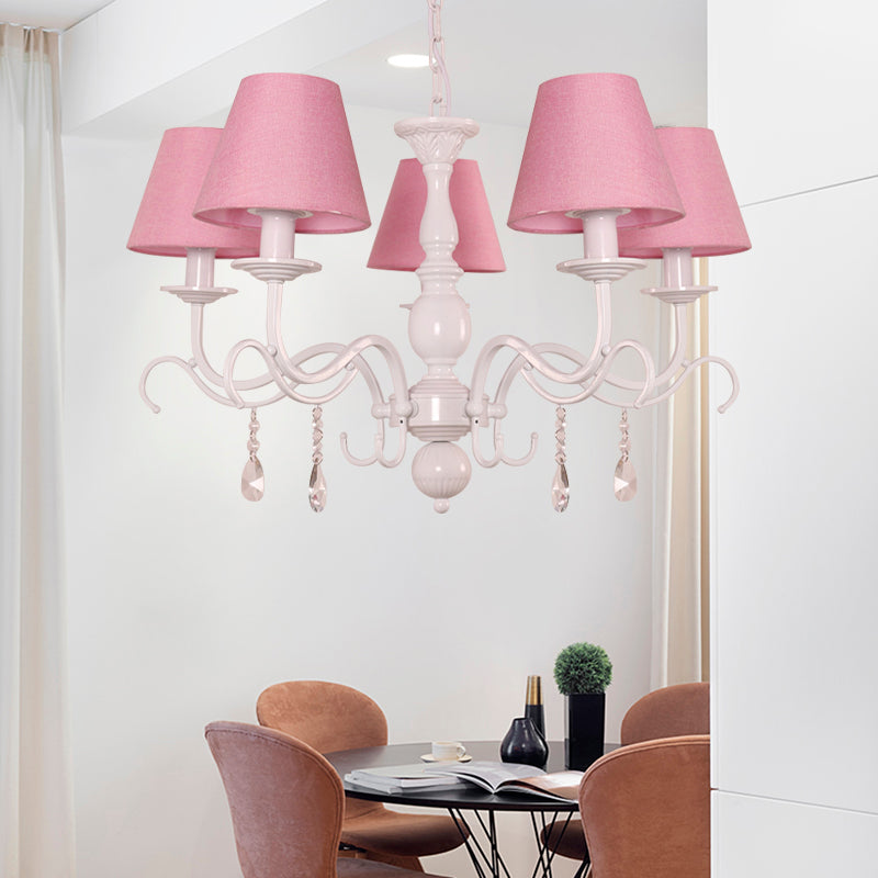 Tapered Shade Baby Bedroom Chandelier Metal Modern Stylish Hanging Light with Crystal 5 Pink Clearhalo 'Ceiling Lights' 'Chandeliers' Lighting' options 182945_8948811d-7a68-4deb-b5b2-575fb685ef9e