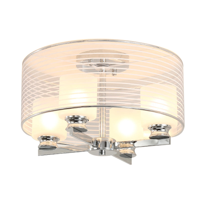 Cylinder White Glass Semi Flush Mount Contemporary 4 Lights Chrome Semi Flush Ceiling Lamp Fixture with Band Glass Drum Shade Clearhalo 'Ceiling Lights' 'Close To Ceiling Lights' 'Close to ceiling' 'Flush mount' Lighting' 182955