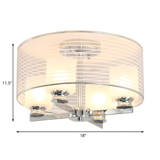 Cylinder White Glass Semi Flush Mount Contemporary 4 Lights Chrome Semi Flush Ceiling Lamp Fixture with Band Glass Drum Shade Clearhalo 'Ceiling Lights' 'Close To Ceiling Lights' 'Close to ceiling' 'Flush mount' Lighting' 182956