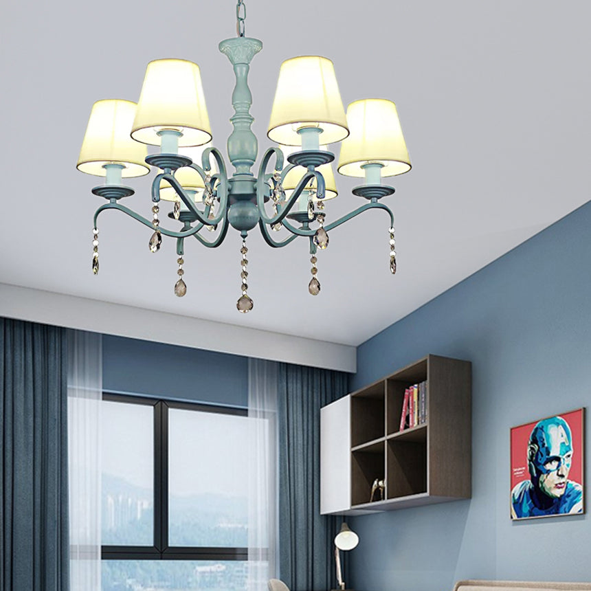 6-Light Tapered Shade Chandelier with Crystal Bead Kids Metal Hanging Light in Blue for Foyer Blue Clearhalo 'Ceiling Lights' 'Chandeliers' Lighting' options 182958_27484975-0b11-46e4-9134-95b1bb50e867