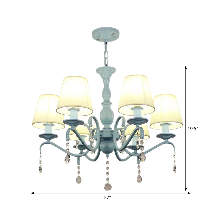 6-Light Tapered Shade Chandelier with Crystal Bead Kids Metal Hanging Light in Blue for Foyer Clearhalo 'Ceiling Lights' 'Chandeliers' Lighting' options 182960