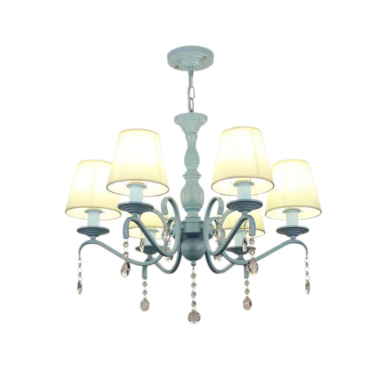 6-Light Tapered Shade Chandelier with Crystal Bead Kids Metal Hanging Light in Blue for Foyer Clearhalo 'Ceiling Lights' 'Chandeliers' Lighting' options 182961