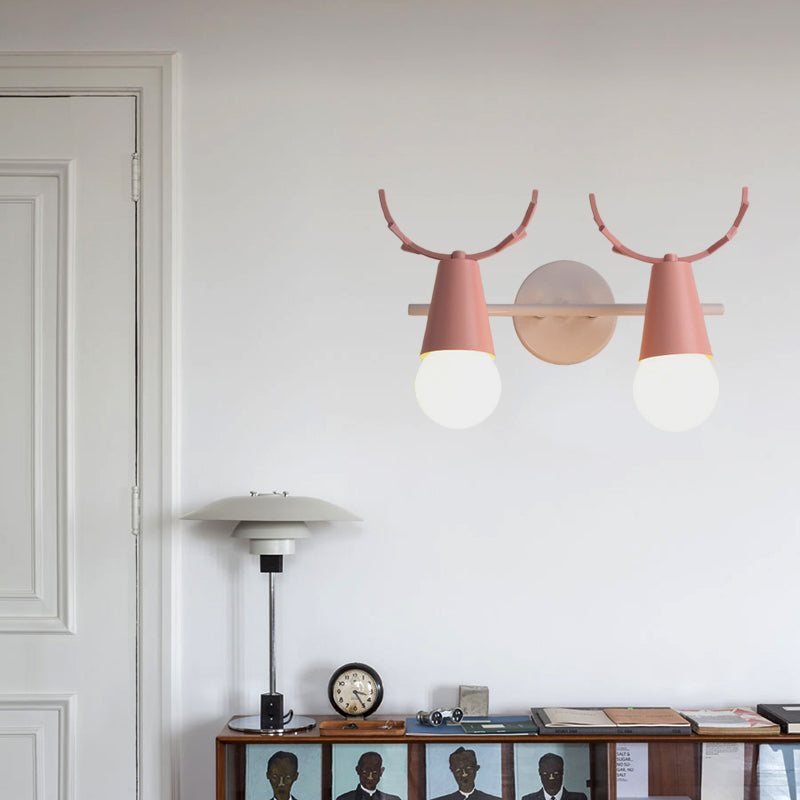 2 Heads Cone Wall Light with Antlers Contemporary Metal Wall Sconce for Study Room Pink Clearhalo 'Wall Lamps & Sconces' 'Wall Lights' Lighting' 183002