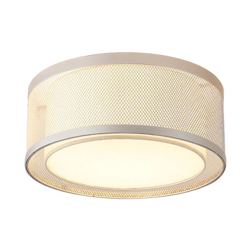 Net Metal Drum Flush Mount Lighting Contemporary 4 Lights Silver Flush Ceiling Lamp Fixture with Frosted Diffuser Clearhalo 'Ceiling Lights' 'Close To Ceiling Lights' 'Close to ceiling' 'Flush mount' Lighting' 183014