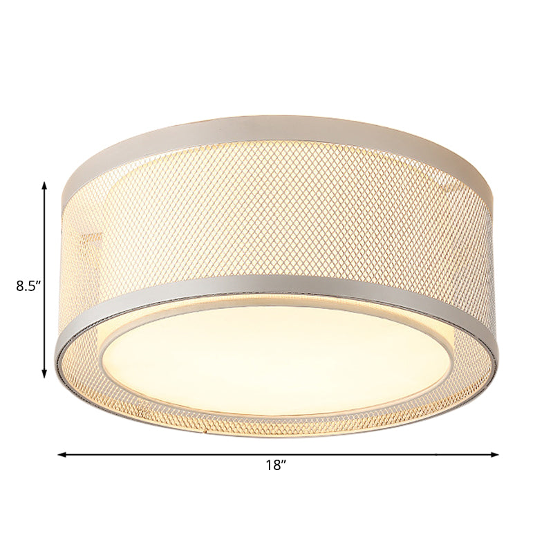 Net Metal Drum Flush Mount Lighting Contemporary 4 Lights Silver Flush Ceiling Lamp Fixture with Frosted Diffuser Clearhalo 'Ceiling Lights' 'Close To Ceiling Lights' 'Close to ceiling' 'Flush mount' Lighting' 183015