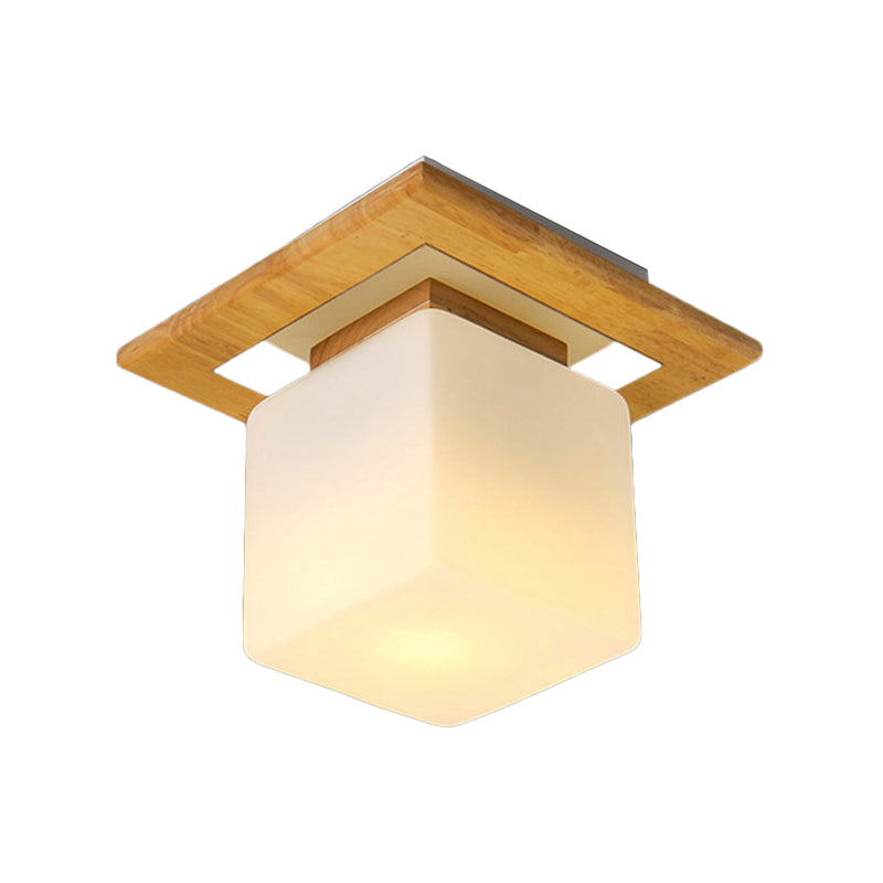 Square Semi Flush Mount Light Modern Wood 1 Light Brown Semi Mount Lamp with Milk Glass Shade Clearhalo 'Ceiling Lights' 'Close To Ceiling Lights' 'Close to ceiling' 'Semi-flushmount' Lighting' 183025