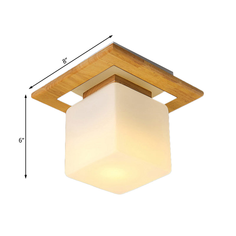 Square Semi Flush Mount Light Modern Wood 1 Light Brown Semi Mount Lamp with Milk Glass Shade Clearhalo 'Ceiling Lights' 'Close To Ceiling Lights' 'Close to ceiling' 'Semi-flushmount' Lighting' 183026