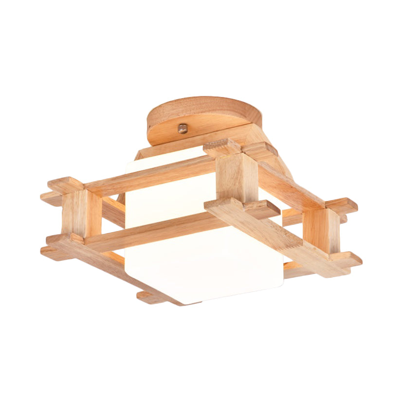 Wood Square Semi Flush Lighting with White Glass Shade Modernist 1 Light Beige Semi Flush Mount Lamp Fixture Clearhalo 'Ceiling Lights' 'Close To Ceiling Lights' 'Close to ceiling' 'Semi-flushmount' Lighting' 183030