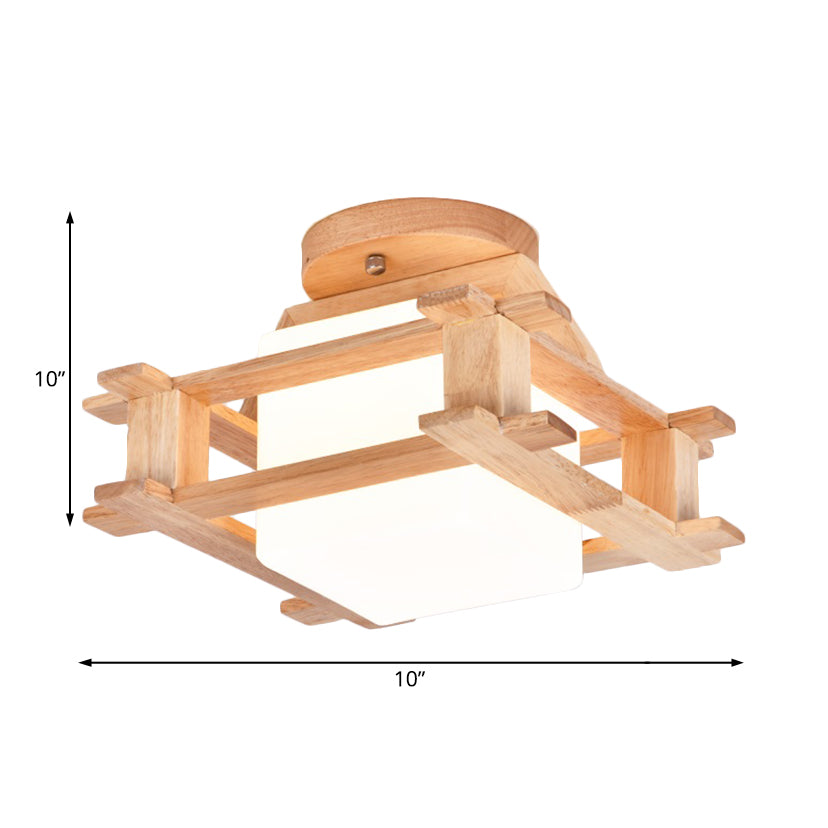 Wood Square Semi Flush Lighting with White Glass Shade Modernist 1 Light Beige Semi Flush Mount Lamp Fixture Clearhalo 'Ceiling Lights' 'Close To Ceiling Lights' 'Close to ceiling' 'Semi-flushmount' Lighting' 183031