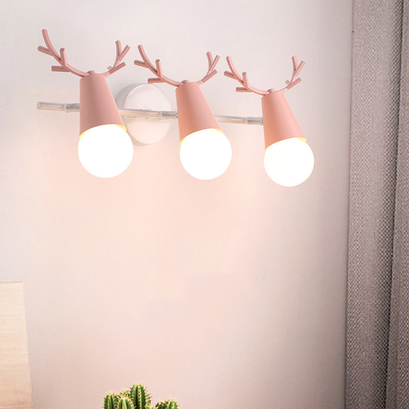 Metal Conical Wall Sconce with Deer Horn Bedroom 3 Heads Nordic Undertint Wall Light Pink Clearhalo 'Wall Lamps & Sconces' 'Wall Lights' Lighting' 183070