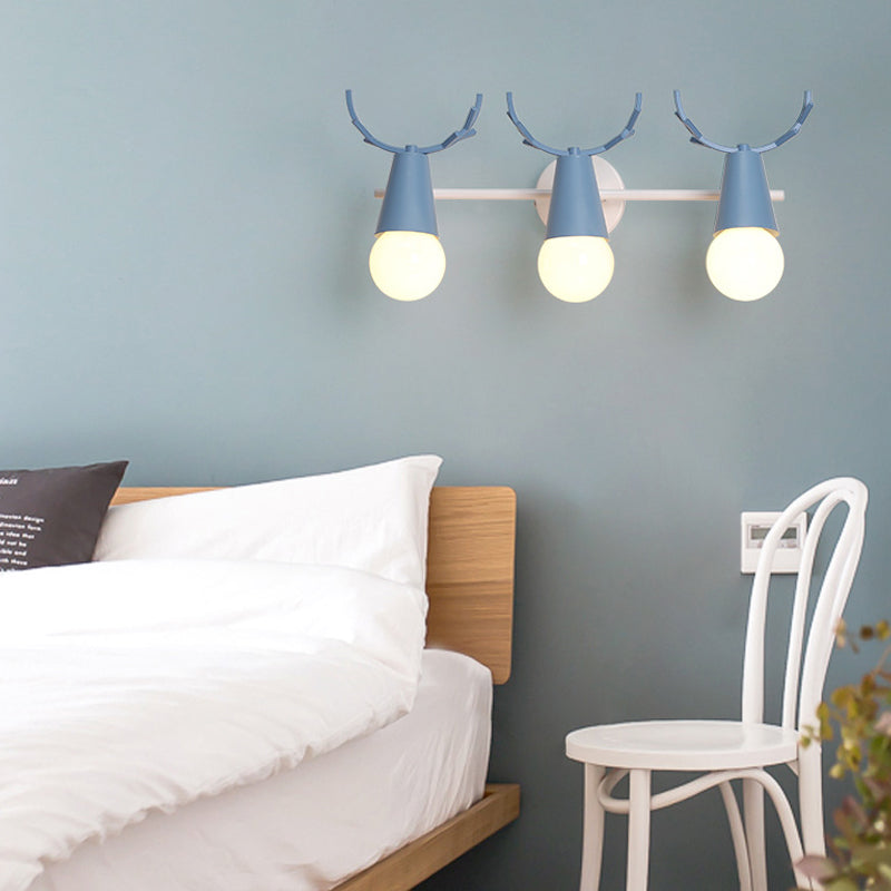 Metal Conical Wall Sconce with Deer Horn Bedroom 3 Heads Nordic Undertint Wall Light Blue Clearhalo 'Wall Lamps & Sconces' 'Wall Lights' Lighting' 183076