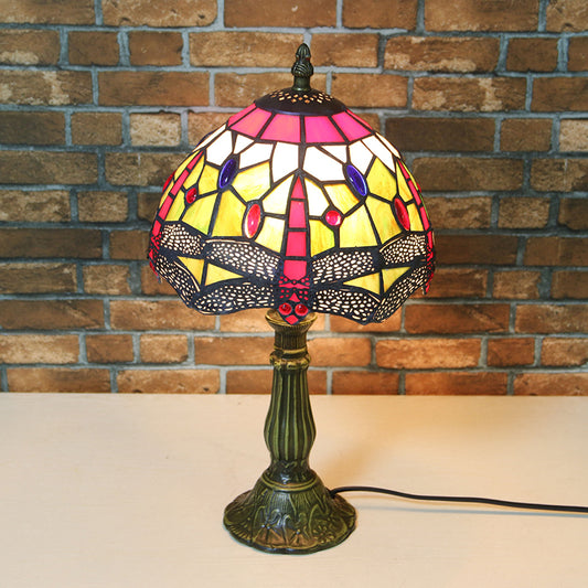 Dragonfly Table Lamp Retro Stained Glass 1-Light Accent Lamp in Antique Bronze Finish for Study Antique Bronze 8" Clearhalo 'Lamps' 'Table Lamps' Lighting' 183089