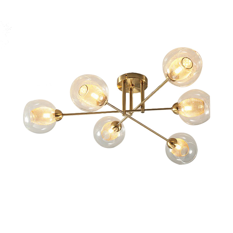 Round Semi Flush Mount Modernist Clear Glass 4/6 Lights Gold Led Semi Flush Ceiling Lamp with Inner Ribbed Glass Oval Shade Clearhalo 'Ceiling Lights' 'Close To Ceiling Lights' 'Close to ceiling' 'Glass shade' 'Glass' 'Semi-flushmount' Lighting' 183118