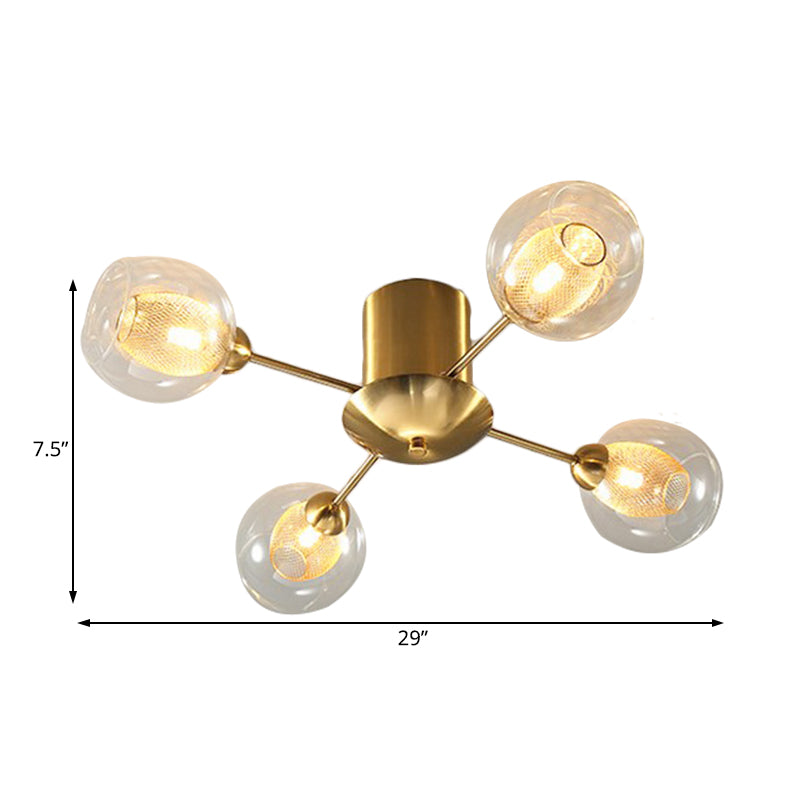Round Semi Flush Mount Modernist Clear Glass 4/6 Lights Gold Led Semi Flush Ceiling Lamp with Inner Ribbed Glass Oval Shade Clearhalo 'Ceiling Lights' 'Close To Ceiling Lights' 'Close to ceiling' 'Glass shade' 'Glass' 'Semi-flushmount' Lighting' 183119