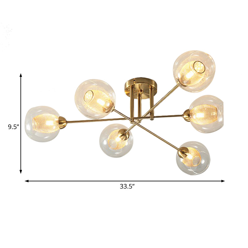Round Semi Flush Mount Modernist Clear Glass 4/6 Lights Gold Led Semi Flush Ceiling Lamp with Inner Ribbed Glass Oval Shade Clearhalo 'Ceiling Lights' 'Close To Ceiling Lights' 'Close to ceiling' 'Glass shade' 'Glass' 'Semi-flushmount' Lighting' 183120