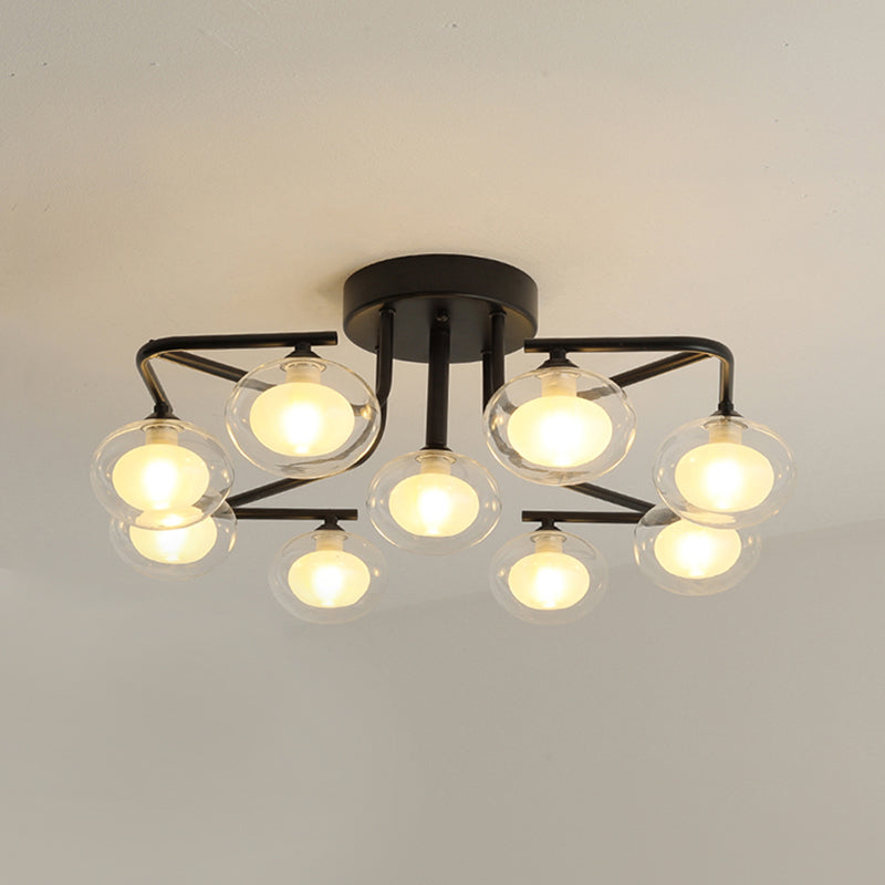 Clear Glass Global Semi Flush Mount with Multiple Rod Design Modernist 7/9 Lights Led Black Semi Flush Mount Lamp Fixture Clearhalo 'Ceiling Lights' 'Close To Ceiling Lights' 'Close to ceiling' 'Glass shade' 'Glass' 'Semi-flushmount' Lighting' 183156