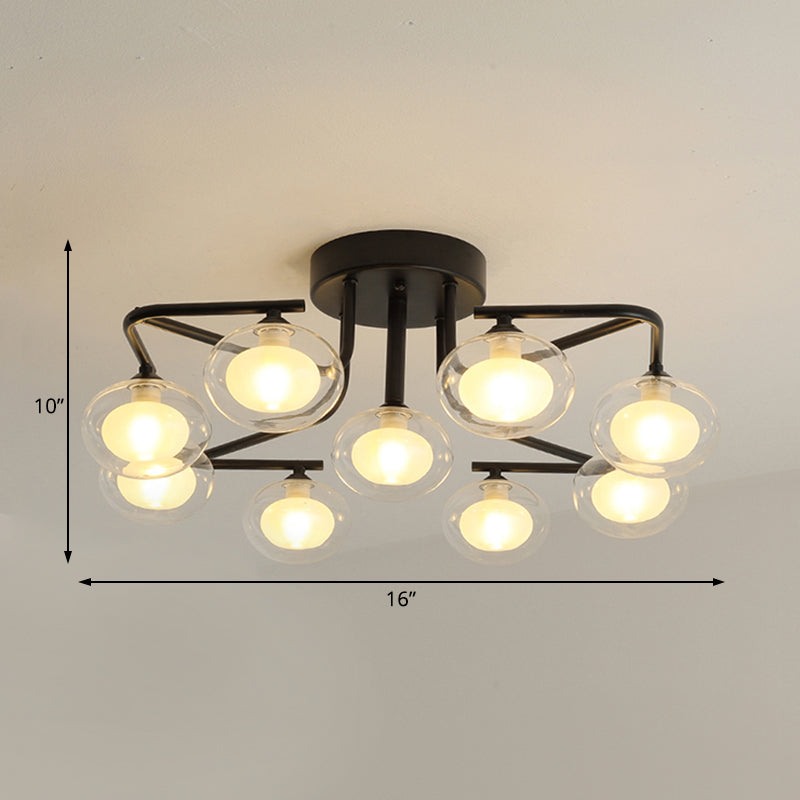 Clear Glass Global Semi Flush Mount with Multiple Rod Design Modernist 7/9 Lights Led Black Semi Flush Mount Lamp Fixture Clearhalo 'Ceiling Lights' 'Close To Ceiling Lights' 'Close to ceiling' 'Glass shade' 'Glass' 'Semi-flushmount' Lighting' 183158