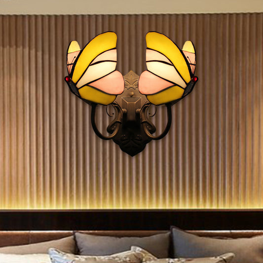 Butterfly Wall Mount Fixture Country Stained Glass 2 Lights Wall Sconce Lamp Fixture for Living Room Yellow-Pink Clearhalo 'Industrial' 'Middle century wall lights' 'Tiffany wall lights' 'Tiffany' 'Wall Lamps & Sconces' 'Wall Lights' Lighting' 183359