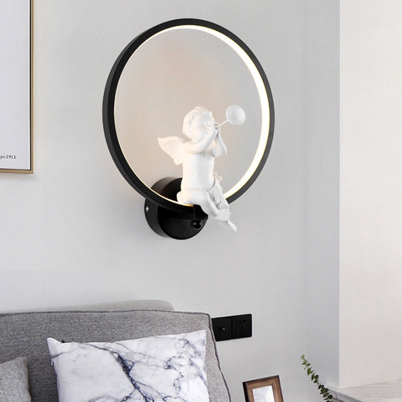 Art Deco Ring Wall Light with Angel Metal Sconce Light in Black for Adult Bedroom Clearhalo 'Wall Lamps & Sconces' 'Wall Lights' Lighting' 183500