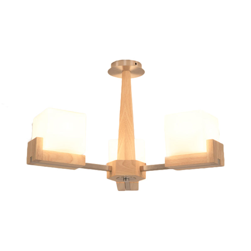 Wood Radial Semi Flush Mount Lighting Modern 3/5/8 Lights Beige Semi Flush Ceiling Lamp Fixture with White Glass Rectangle Shade Clearhalo 'Ceiling Lights' 'Close To Ceiling Lights' 'Close to ceiling' 'Semi-flushmount' Lighting' 183515