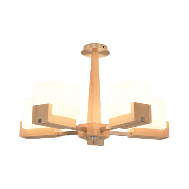 Wood Radial Semi Flush Mount Lighting Modern 3/5/8 Lights Beige Semi Flush Ceiling Lamp Fixture with White Glass Rectangle Shade Clearhalo 'Ceiling Lights' 'Close To Ceiling Lights' 'Close to ceiling' 'Semi-flushmount' Lighting' 183518