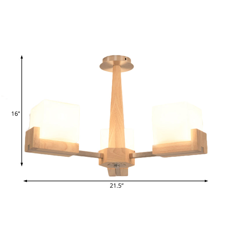 Wood Radial Semi Flush Mount Lighting Modern 3/5/8 Lights Beige Semi Flush Ceiling Lamp Fixture with White Glass Rectangle Shade Clearhalo 'Ceiling Lights' 'Close To Ceiling Lights' 'Close to ceiling' 'Semi-flushmount' Lighting' 183522