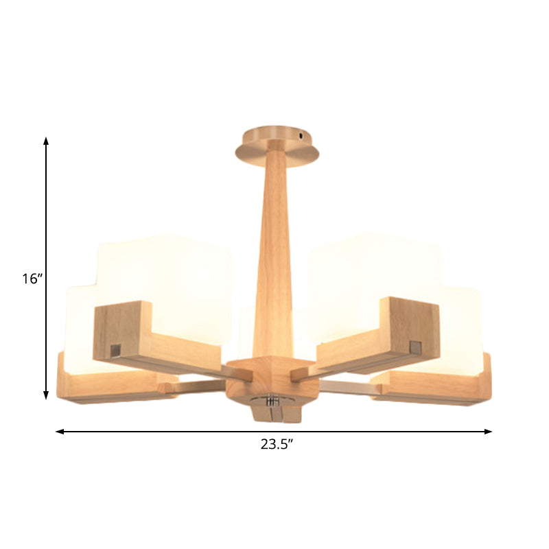 Wood Radial Semi Flush Mount Lighting Modern 3/5/8 Lights Beige Semi Flush Ceiling Lamp Fixture with White Glass Rectangle Shade Clearhalo 'Ceiling Lights' 'Close To Ceiling Lights' 'Close to ceiling' 'Semi-flushmount' Lighting' 183523