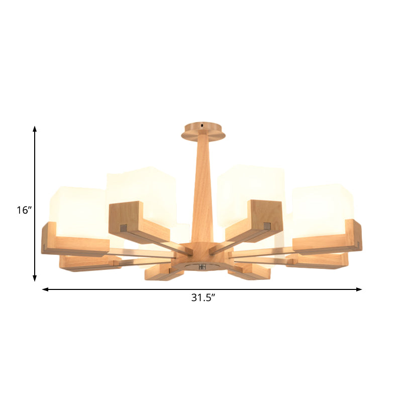 Wood Radial Semi Flush Mount Lighting Modern 3/5/8 Lights Beige Semi Flush Ceiling Lamp Fixture with White Glass Rectangle Shade Clearhalo 'Ceiling Lights' 'Close To Ceiling Lights' 'Close to ceiling' 'Semi-flushmount' Lighting' 183524