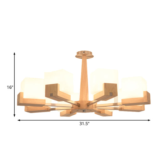 Wood Radial Semi Flush Mount Lighting Modern 3/5/8 Lights Beige Semi Flush Ceiling Lamp Fixture with White Glass Rectangle Shade Clearhalo 'Ceiling Lights' 'Close To Ceiling Lights' 'Close to ceiling' 'Semi-flushmount' Lighting' 183524