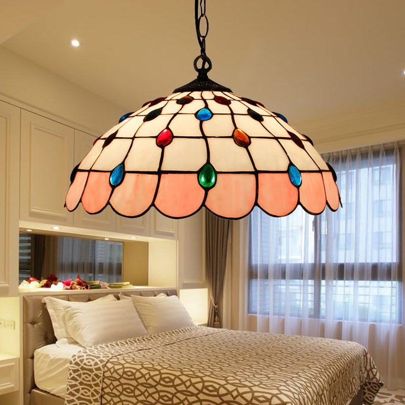 Single Head Dome Hanging Pendant Tiffany Pink/Light Blue/Green Hand Rolled Art Glass Ceiling Light for Bedroom Pink Clearhalo 'Ceiling Lights' 'Industrial' 'Middle Century Pendants' 'Pendant Lights' 'Pendants' 'Tiffany close to ceiling' 'Tiffany Pendants' 'Tiffany' Lighting' 183561