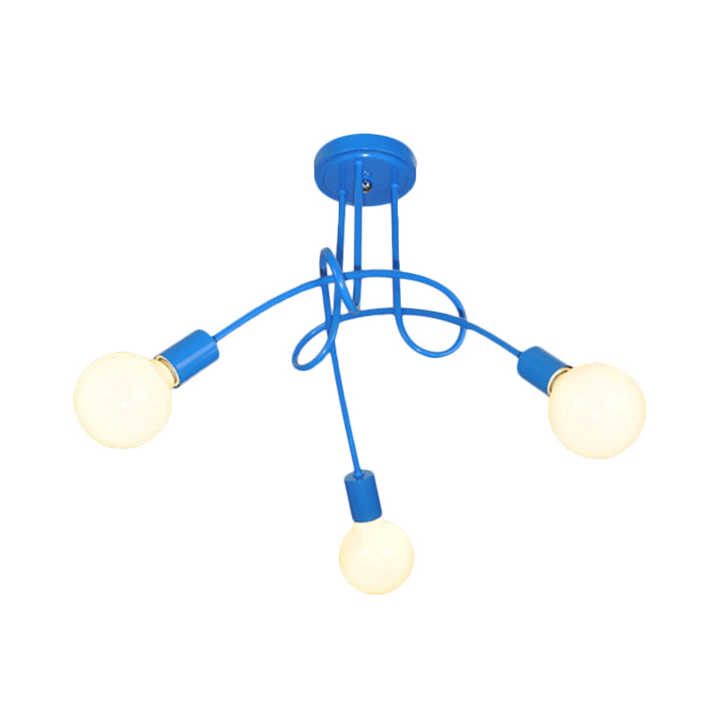 Curved Arm Semi Flush Lighting Contemporary Metal 3/5 Lights Blue/Red Semi Flush Ceiling Lamp Fixture Clearhalo 'Ceiling Lights' 'Close To Ceiling Lights' 'Close to ceiling' 'Semi-flushmount' Lighting' 183609