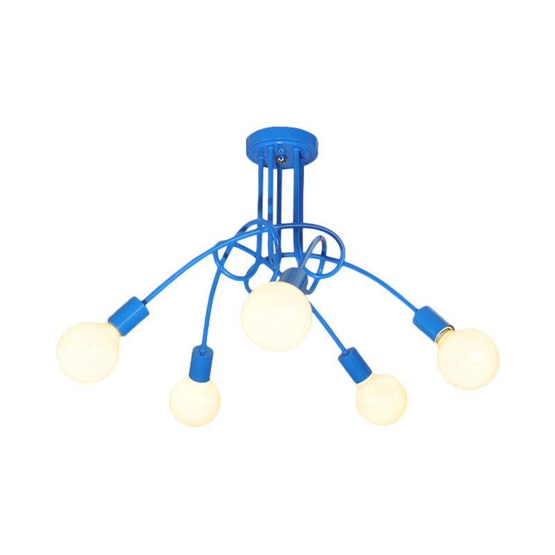 Curved Arm Semi Flush Lighting Contemporary Metal 3/5 Lights Blue/Red Semi Flush Ceiling Lamp Fixture Clearhalo 'Ceiling Lights' 'Close To Ceiling Lights' 'Close to ceiling' 'Semi-flushmount' Lighting' 183612