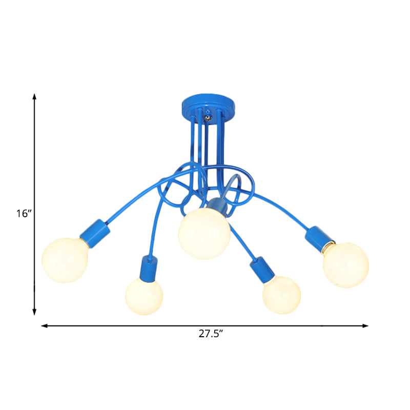 Curved Arm Semi Flush Lighting Contemporary Metal 3/5 Lights Blue/Red Semi Flush Ceiling Lamp Fixture Clearhalo 'Ceiling Lights' 'Close To Ceiling Lights' 'Close to ceiling' 'Semi-flushmount' Lighting' 183614