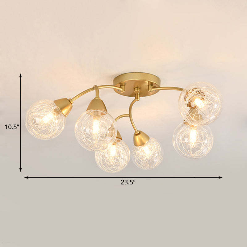 6/12 Lights Bedroom Semi Flush with Sphere Clear Glass Shade Modern Gold Led Semi Flush Ceiling Light Clearhalo 'Ceiling Lights' 'Close To Ceiling Lights' 'Close to ceiling' 'Glass shade' 'Glass' 'Semi-flushmount' Lighting' 183704