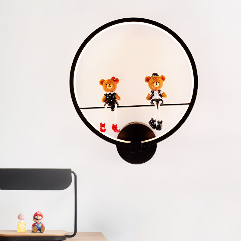 Contemporary Black Wall Light Ring Metal Sconce Light with Doll Deco for Kids Bedroom Black Black Bear Clearhalo 'Wall Lamps & Sconces' 'Wall Lights' Lighting' 183757