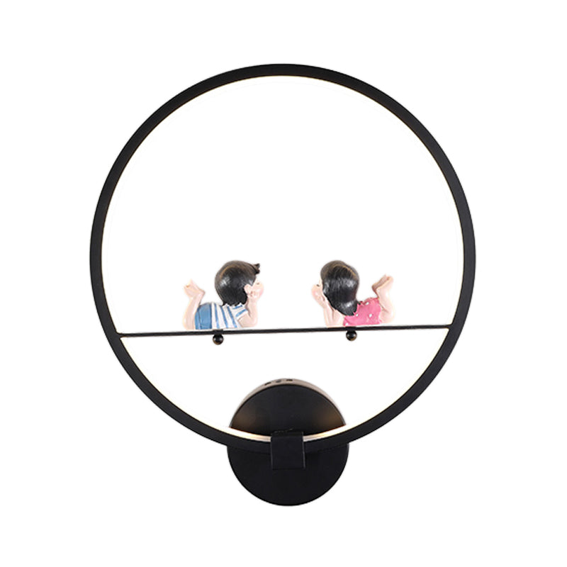 Contemporary Black Wall Light Ring Metal Sconce Light with Doll Deco for Kids Bedroom Clearhalo 'Wall Lamps & Sconces' 'Wall Lights' Lighting' 183763