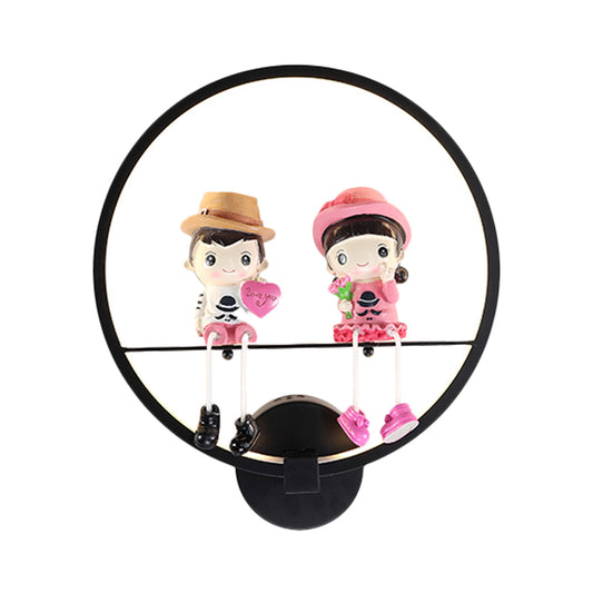 Contemporary Black Wall Light Ring Metal Sconce Light with Doll Deco for Kids Bedroom Clearhalo 'Wall Lamps & Sconces' 'Wall Lights' Lighting' 183765