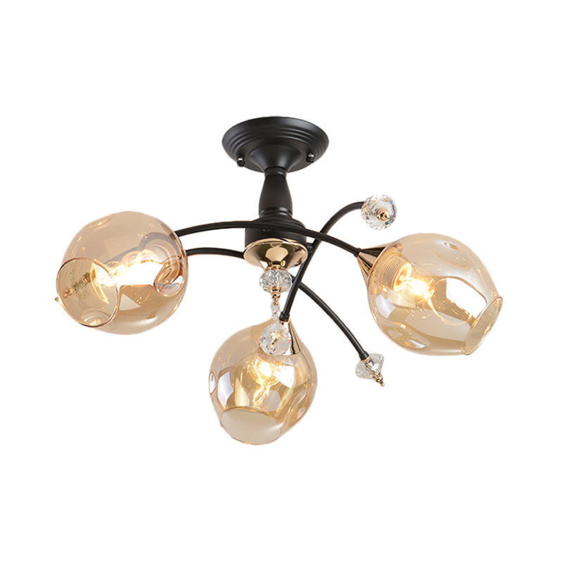 3/6 Lights Bedroom Semi Flush Mount with Cup Shape Amber/Blue Glass Shade Modernist Black Led Semi Flush Ceiling Fixture Clearhalo 'Ceiling Lights' 'Close To Ceiling Lights' 'Close to ceiling' 'Glass shade' 'Glass' 'Pendant Lights' 'Semi-flushmount' Lighting' 183786
