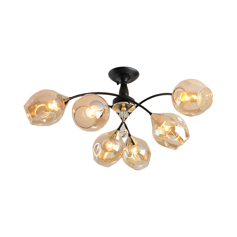 3/6 Lights Bedroom Semi Flush Mount with Cup Shape Amber/Blue Glass Shade Modernist Black Led Semi Flush Ceiling Fixture Clearhalo 'Ceiling Lights' 'Close To Ceiling Lights' 'Close to ceiling' 'Glass shade' 'Glass' 'Pendant Lights' 'Semi-flushmount' Lighting' 183789