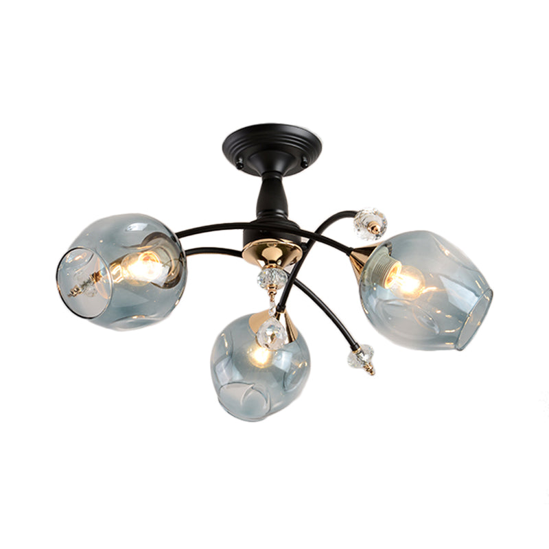 3/6 Lights Bedroom Semi Flush Mount with Cup Shape Amber/Blue Glass Shade Modernist Black Led Semi Flush Ceiling Fixture Clearhalo 'Ceiling Lights' 'Close To Ceiling Lights' 'Close to ceiling' 'Glass shade' 'Glass' 'Pendant Lights' 'Semi-flushmount' Lighting' 183792