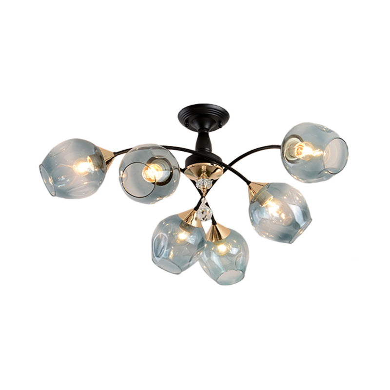 3/6 Lights Bedroom Semi Flush Mount with Cup Shape Amber/Blue Glass Shade Modernist Black Led Semi Flush Ceiling Fixture Clearhalo 'Ceiling Lights' 'Close To Ceiling Lights' 'Close to ceiling' 'Glass shade' 'Glass' 'Pendant Lights' 'Semi-flushmount' Lighting' 183795
