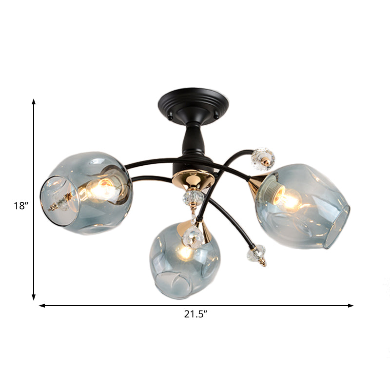 3/6 Lights Bedroom Semi Flush Mount with Cup Shape Amber/Blue Glass Shade Modernist Black Led Semi Flush Ceiling Fixture Clearhalo 'Ceiling Lights' 'Close To Ceiling Lights' 'Close to ceiling' 'Glass shade' 'Glass' 'Pendant Lights' 'Semi-flushmount' Lighting' 183796