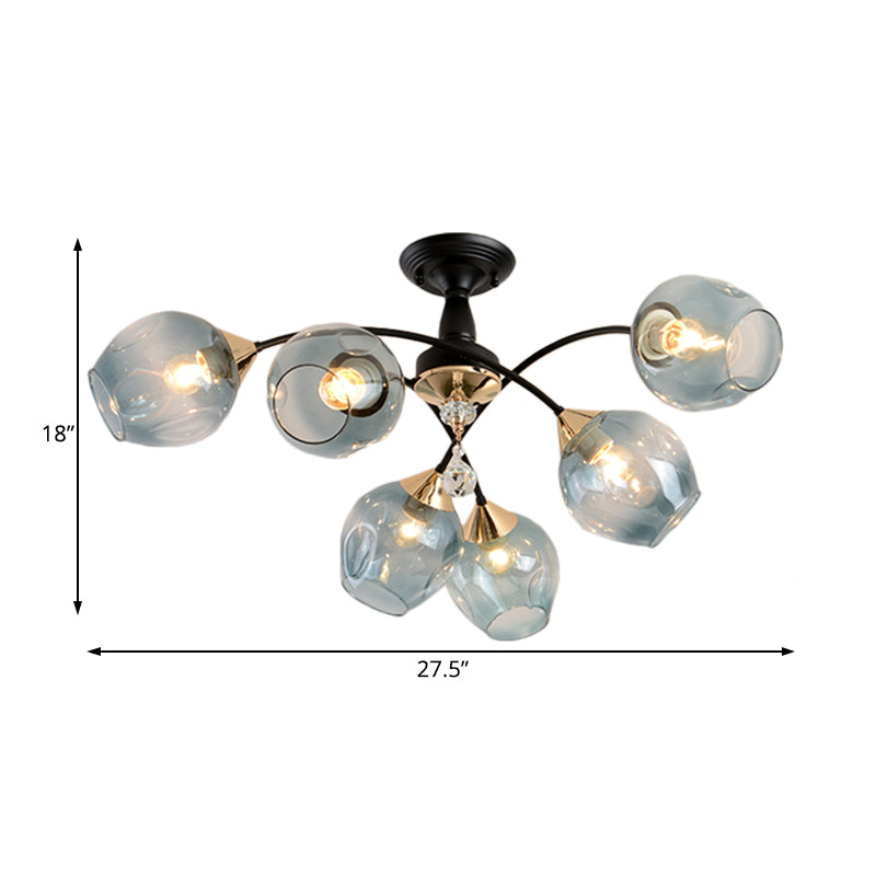 3/6 Lights Bedroom Semi Flush Mount with Cup Shape Amber/Blue Glass Shade Modernist Black Led Semi Flush Ceiling Fixture Clearhalo 'Ceiling Lights' 'Close To Ceiling Lights' 'Close to ceiling' 'Glass shade' 'Glass' 'Pendant Lights' 'Semi-flushmount' Lighting' 183797