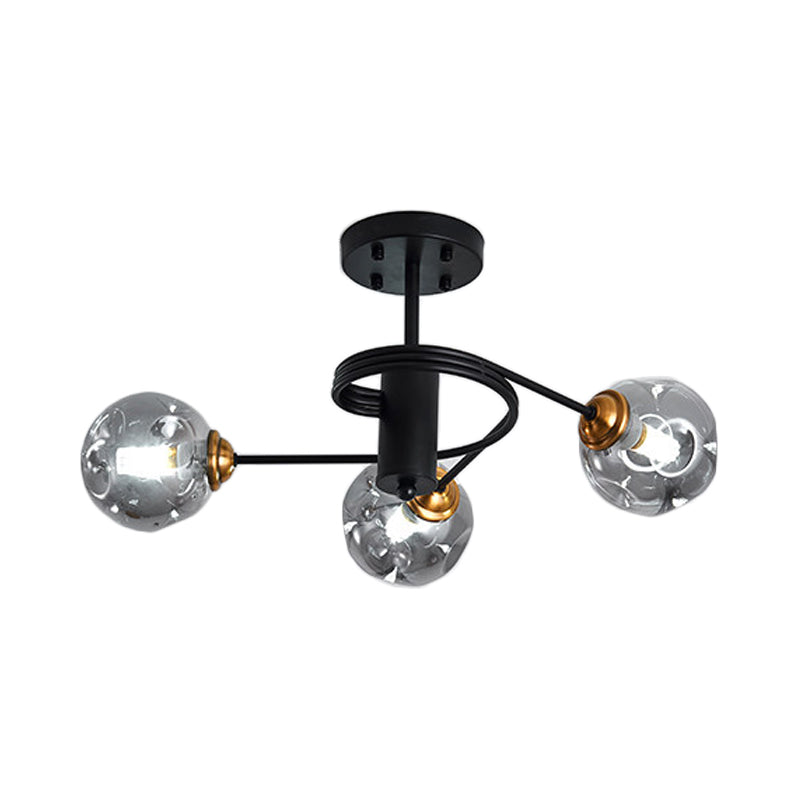 3/5 Lights Living Room Semi Flush with Ball Amber/Smoke Dimpled Blown Glass Shade Modernist Black Semi Flush Ceiling Light Clearhalo 'Ceiling Lights' 'Close To Ceiling Lights' 'Close to ceiling' 'Glass shade' 'Glass' 'Pendant Lights' 'Semi-flushmount' Lighting' 183846