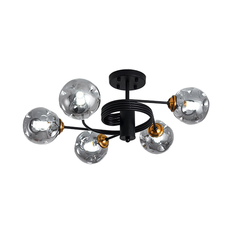 3/5 Lights Living Room Semi Flush with Ball Amber/Smoke Dimpled Blown Glass Shade Modernist Black Semi Flush Ceiling Light Clearhalo 'Ceiling Lights' 'Close To Ceiling Lights' 'Close to ceiling' 'Glass shade' 'Glass' 'Pendant Lights' 'Semi-flushmount' Lighting' 183849